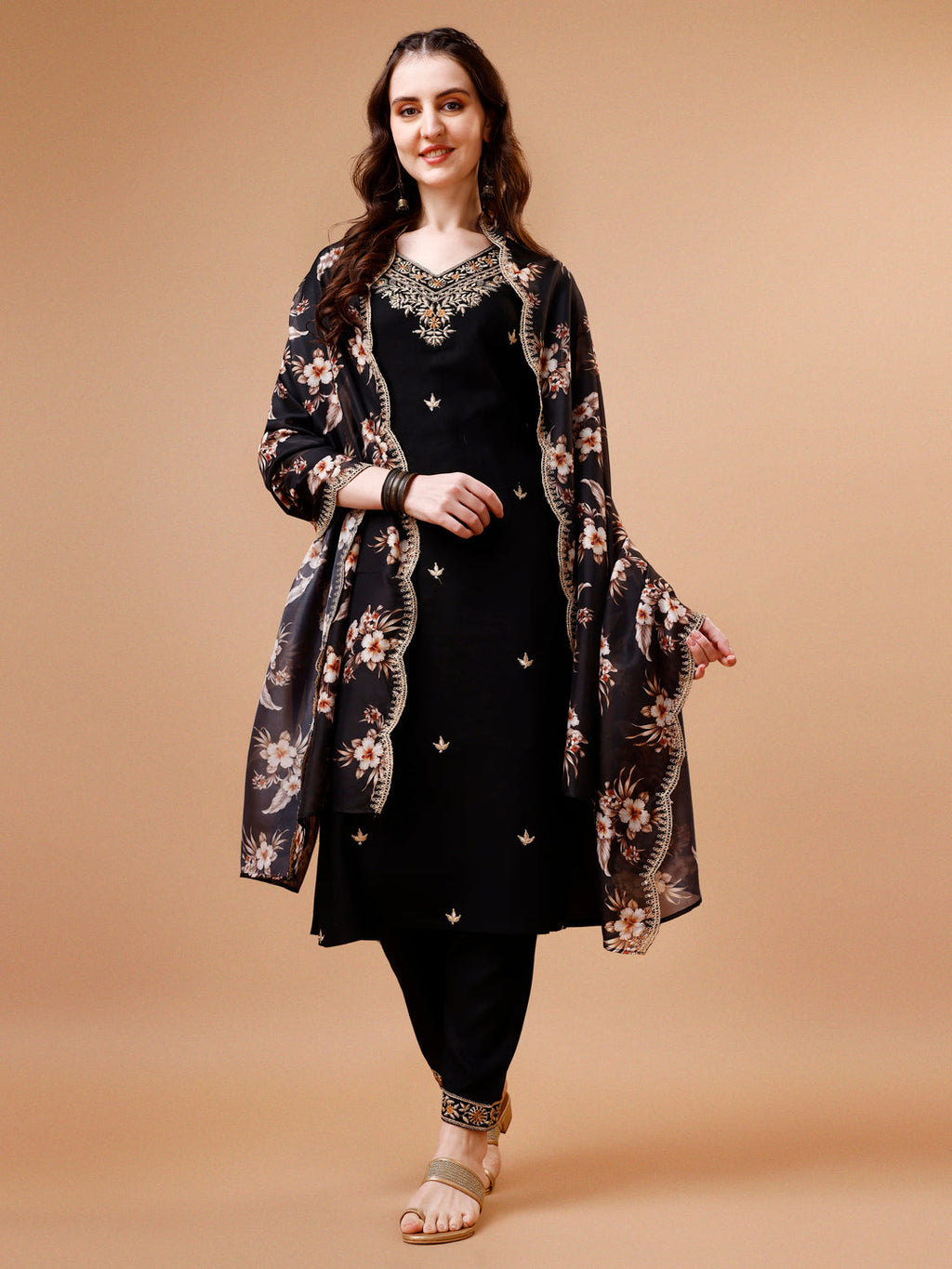 Embroidered Kurta With Pant & Floral Printed Cut Embroidered Work Dupatta Premium, Multicolor - Hiral Fashion - Distacart