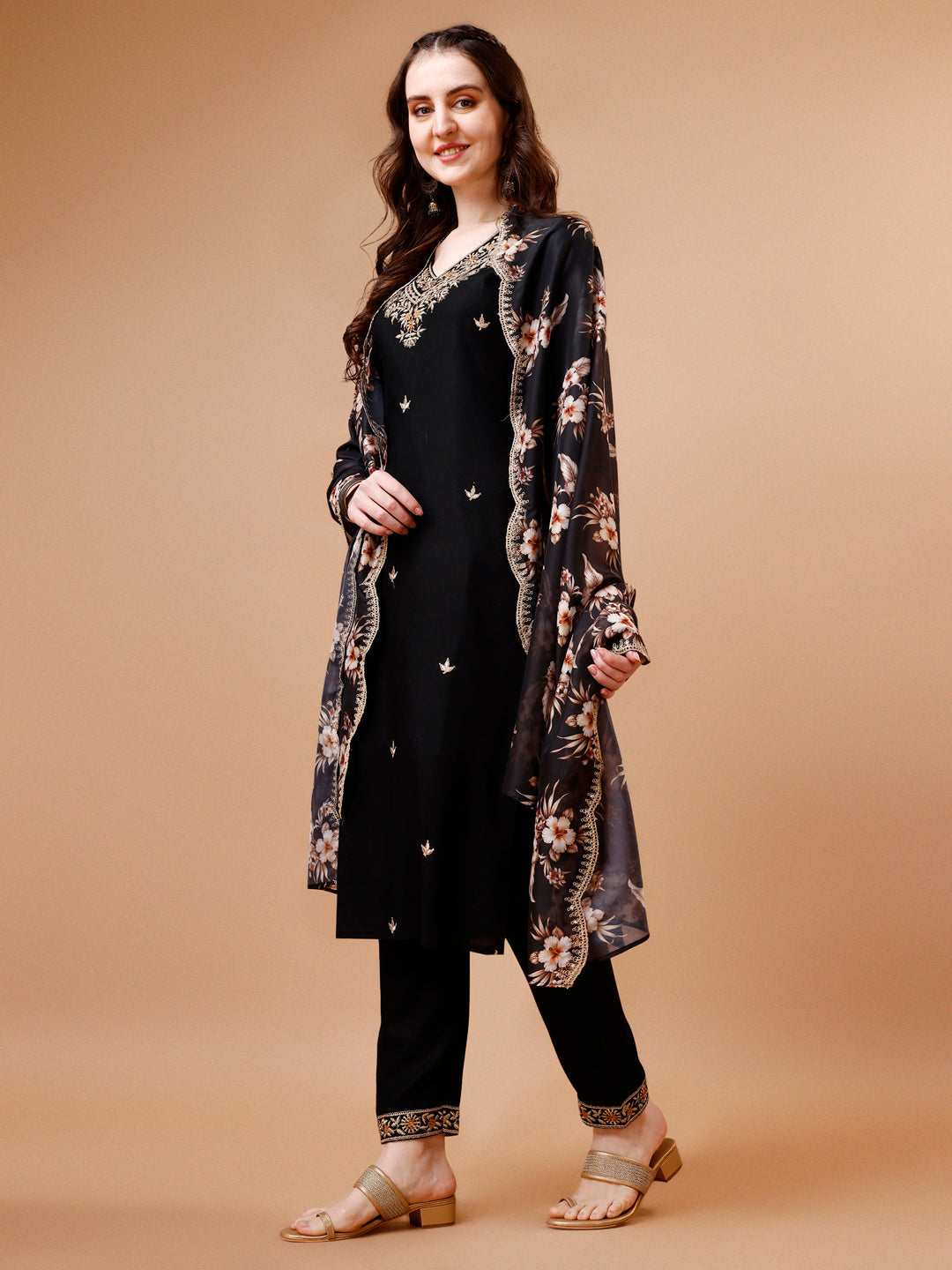 Embroidered Kurta With Pant & Floral Printed Cut Embroidered Work Dupatta Premium, Multicolor - Hiral Fashion - Distacart