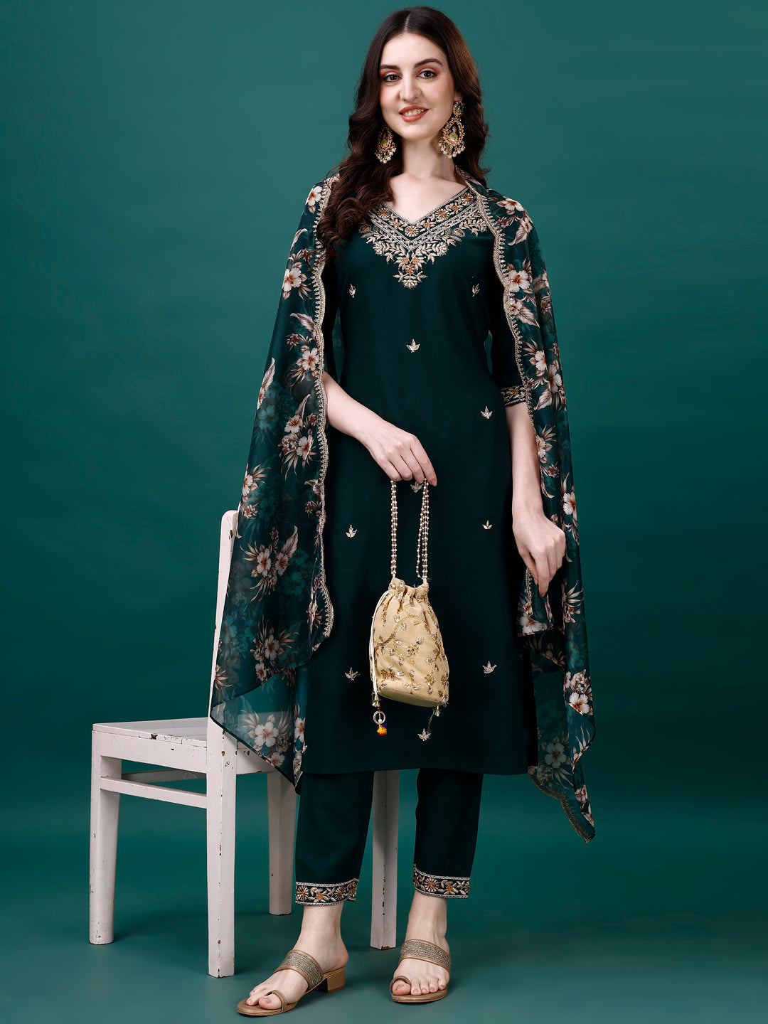Embroidered Kurta With Pant & Embroidered & Printed Dupatta, Multicolor - Hiral Fashion - Distacart