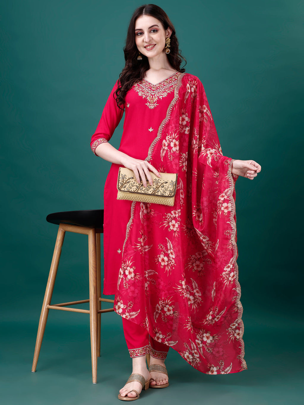 Embroidered Kurta With Pant & Embroidered & Printed Dupatta, Multicolor - Hiral Fashion - Distacart