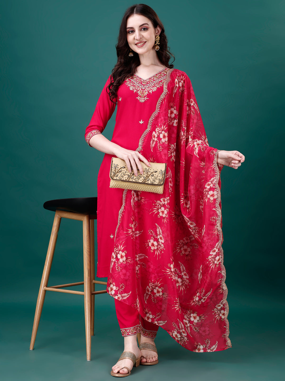 Embroidered Kurta With Pant & Embroidered & Printed Dupatta, Multicolor - Hiral Fashion - Distacart