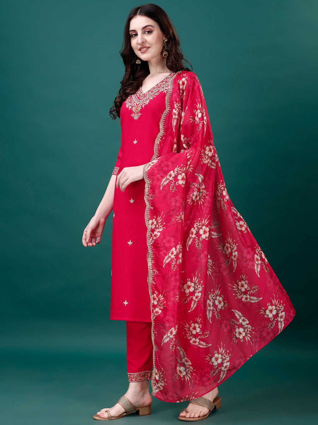 Embroidered Kurta With Pant & Embroidered & Printed Dupatta, Multicolor - Hiral Fashion - Distacart