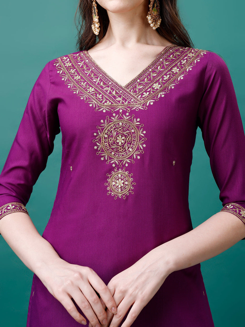 Embroidered Kurta With Pant & Chanderi Dupatta, Multicolor - Hiral Fashion - Distacart
