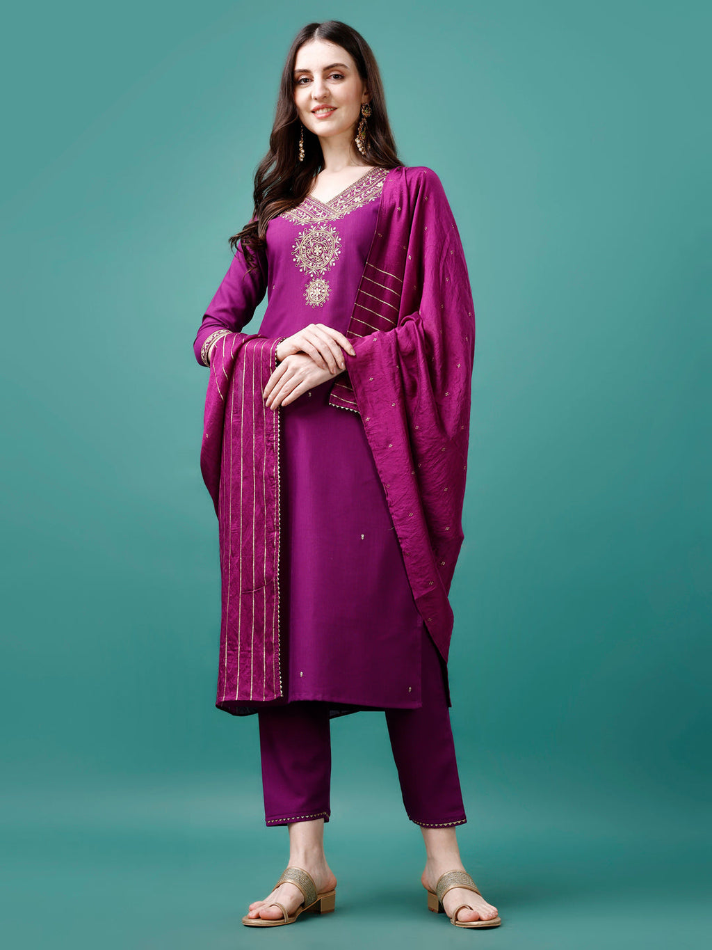 Embroidered Kurta With Pant & Chanderi Dupatta, Multicolor - Hiral Fashion - Distacart