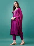 Embroidered Kurta With Pant & Chanderi Dupatta, Multicolor - Hiral Fashion - Distacart