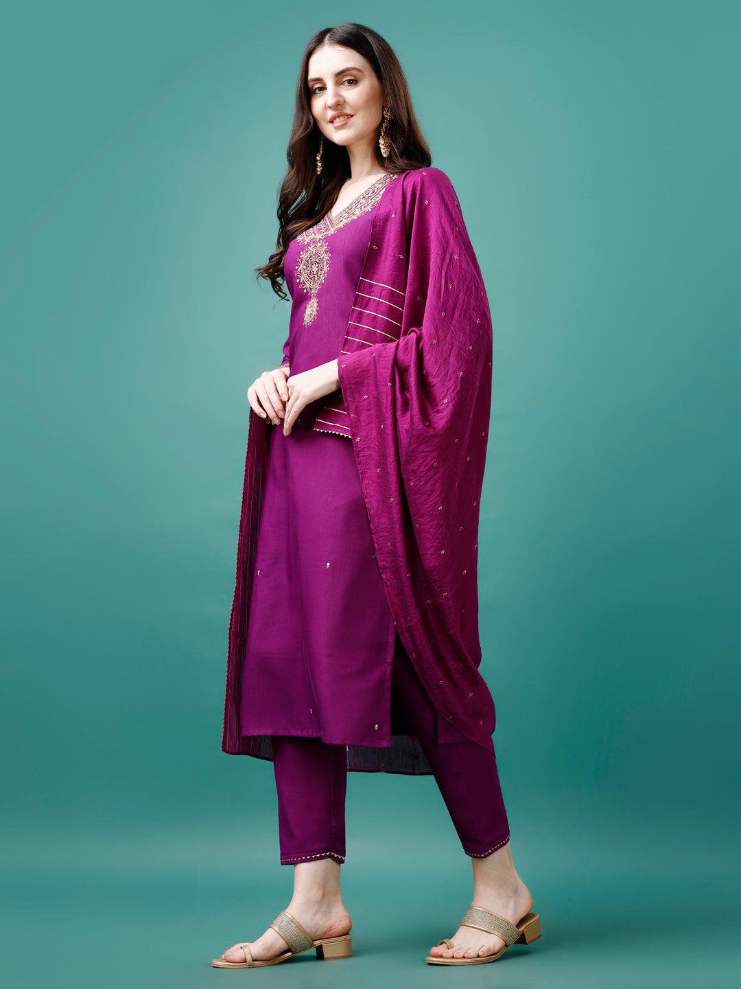 Embroidered Kurta With Pant & Chanderi Dupatta, Multicolor - Hiral Fashion - Distacart