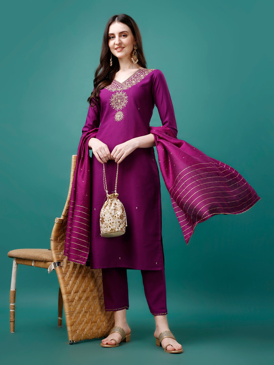 Embroidered Kurta With Pant & Chanderi Dupatta, Multicolor - Hiral Fashion - Distacart