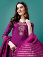Embroidered Kurta With Pant & Chanderi Dupatta, Multicolor - Hiral Fashion - Distacart