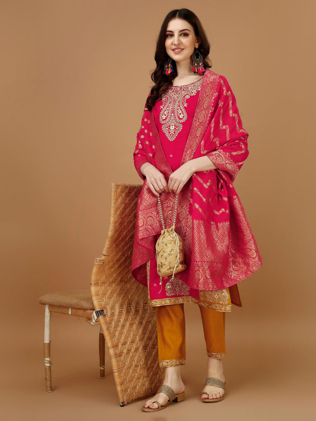 Embroidered Kurta With Pant & Banarasi Jacquard Dupatta, Multicolor - Hiral Fashion - Distacart