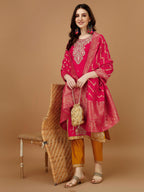 Embroidered Kurta With Pant & Banarasi Jacquard Dupatta, Multicolor - Hiral Fashion - Distacart