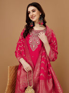 Embroidered Kurta With Pant & Banarasi Jacquard Dupatta, Multicolor - Hiral Fashion - Distacart