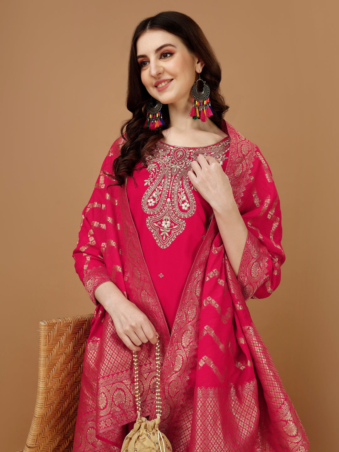 Embroidered Kurta With Pant & Banarasi Jacquard Dupatta, Multicolor - Hiral Fashion - Distacart