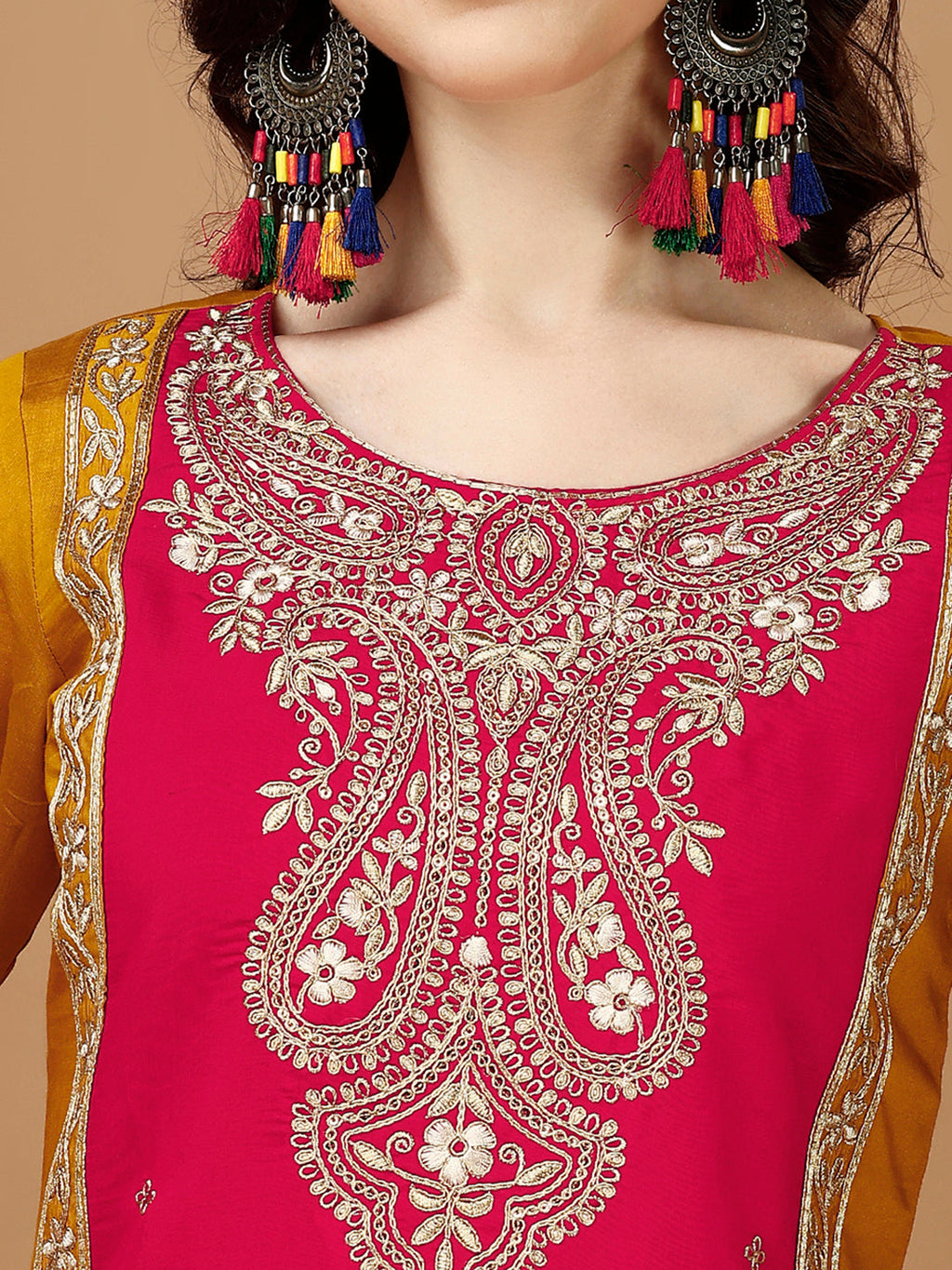 Embroidered Kurta With Pant & Banarasi Jacquard Dupatta, Multicolor - Hiral Fashion - Distacart
