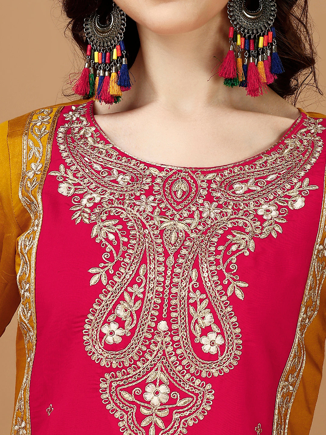 Embroidered Kurta With Pant & Banarasi Jacquard Dupatta, Multicolor - Hiral Fashion - Distacart