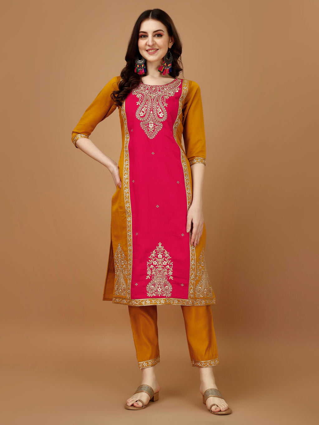 Embroidered Kurta With Pant & Banarasi Jacquard Dupatta, Multicolor - Hiral Fashion - Distacart