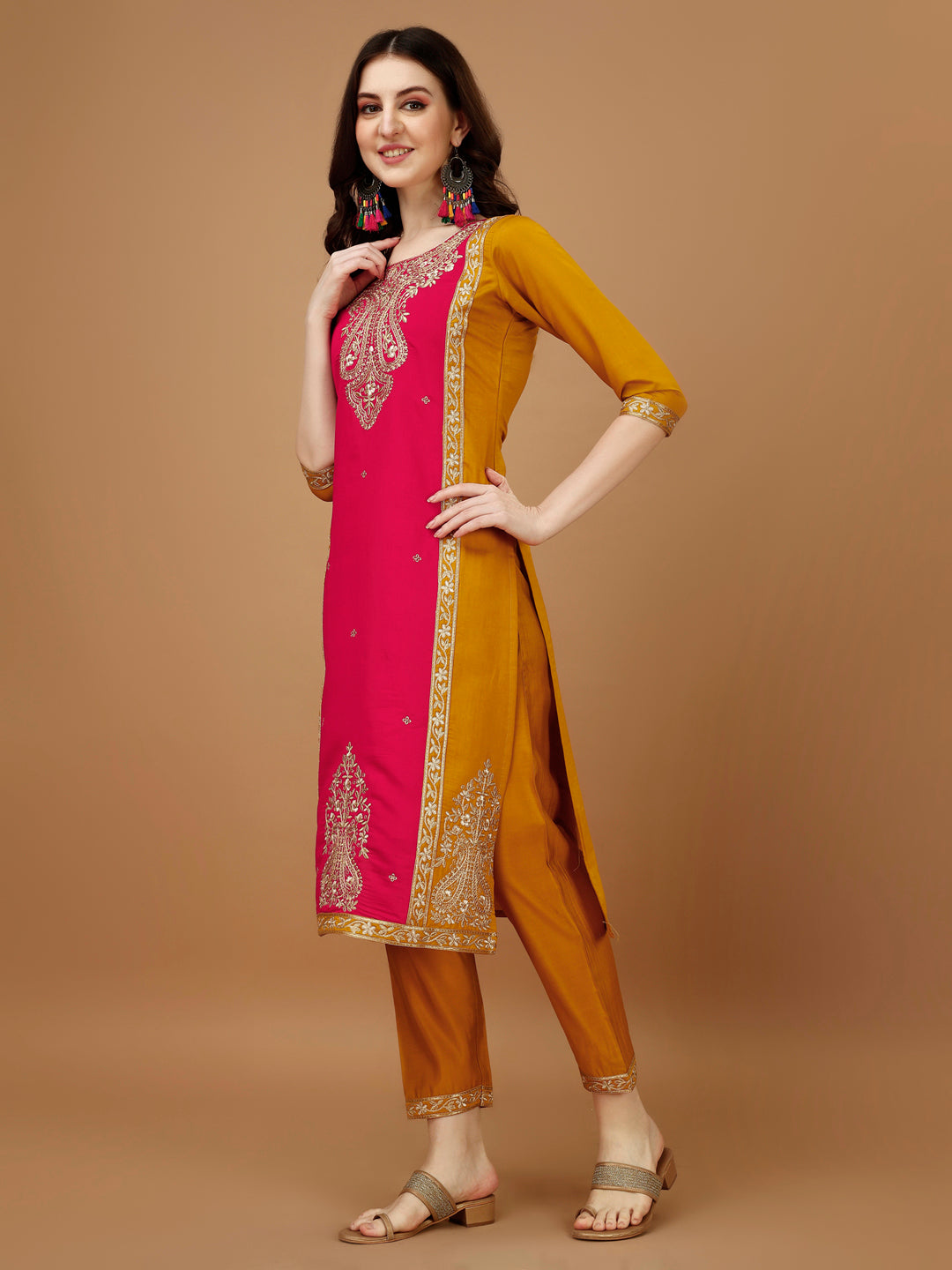 Embroidered Kurta With Pant & Banarasi Jacquard Dupatta, Multicolor - Hiral Fashion - Distacart