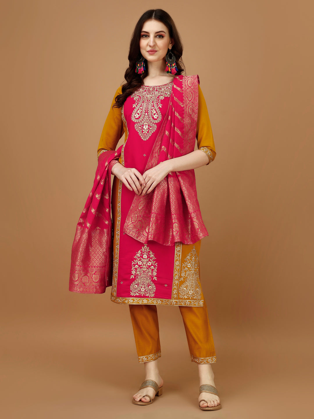 Embroidered Kurta With Pant & Banarasi Jacquard Dupatta, Multicolor - Hiral Fashion - Distacart