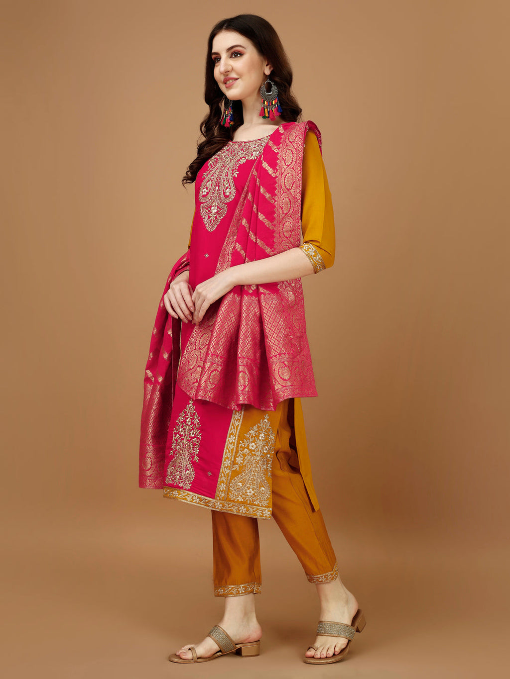 Embroidered Kurta With Pant & Banarasi Jacquard Dupatta, Multicolor - Hiral Fashion - Distacart