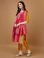 Embroidered Kurta With Pant & Banarasi Jacquard Dupatta, Multicolor - Hiral Fashion - Distacart