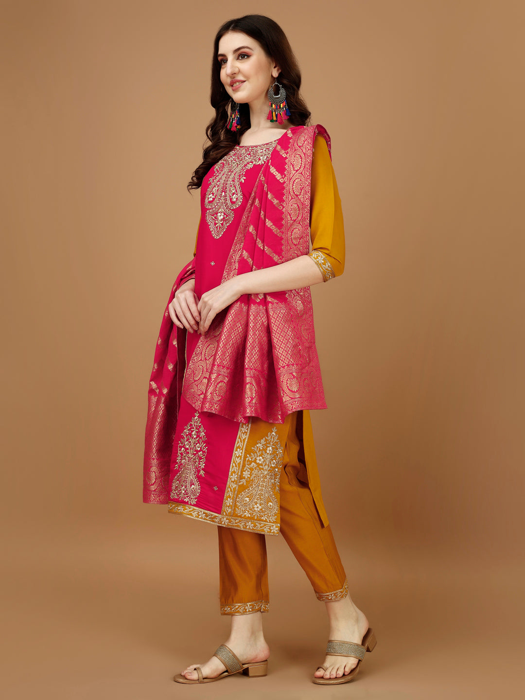 Embroidered Kurta With Pant & Banarasi Jacquard Dupatta, Multicolor - Hiral Fashion - Distacart
