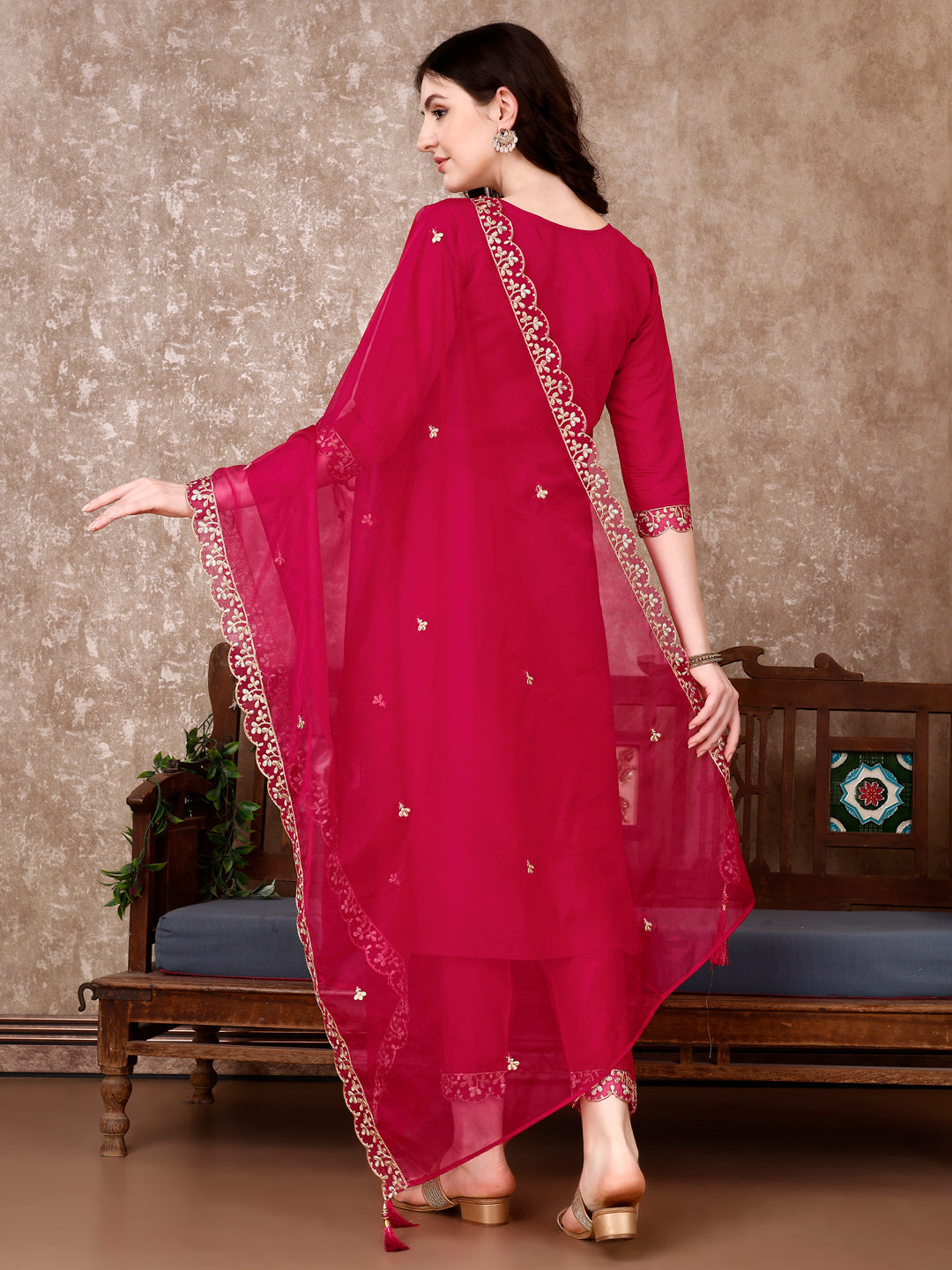 Embroidered Kurta With Pant & Embroidered Dupatta, Pink - Hiral Fashion - Distacart