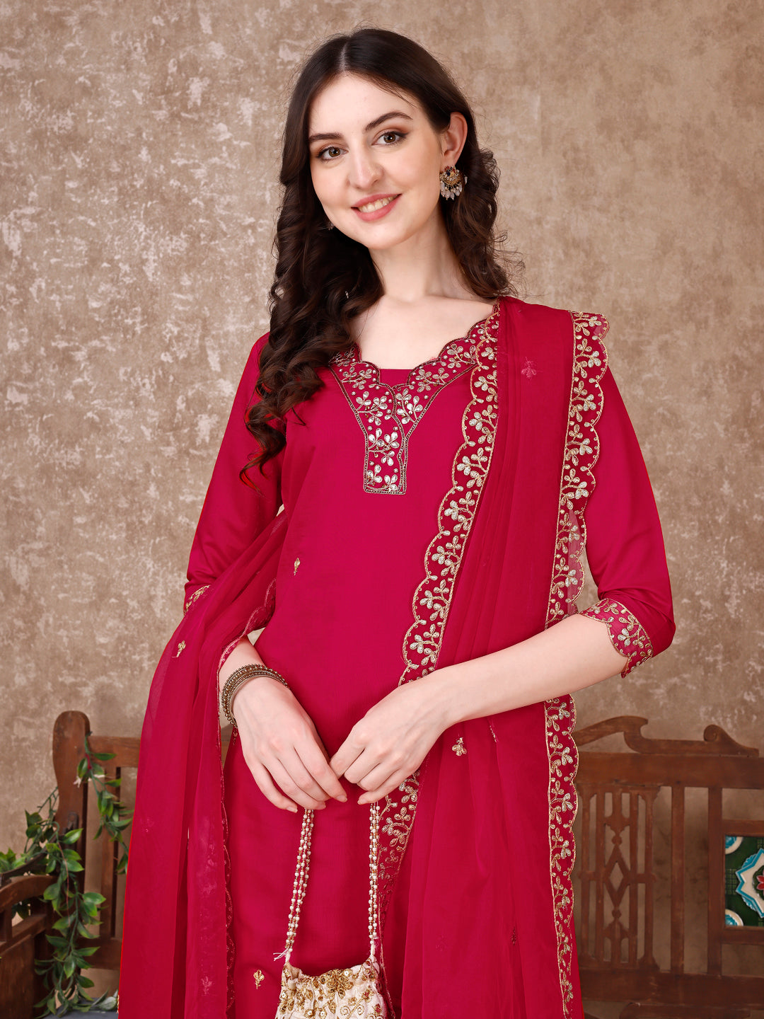 Embroidered Kurta With Pant & Embroidered Dupatta, Pink - Hiral Fashion - Distacart
