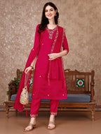 Embroidered Kurta With Pant & Embroidered Dupatta, Pink - Hiral Fashion - Distacart
