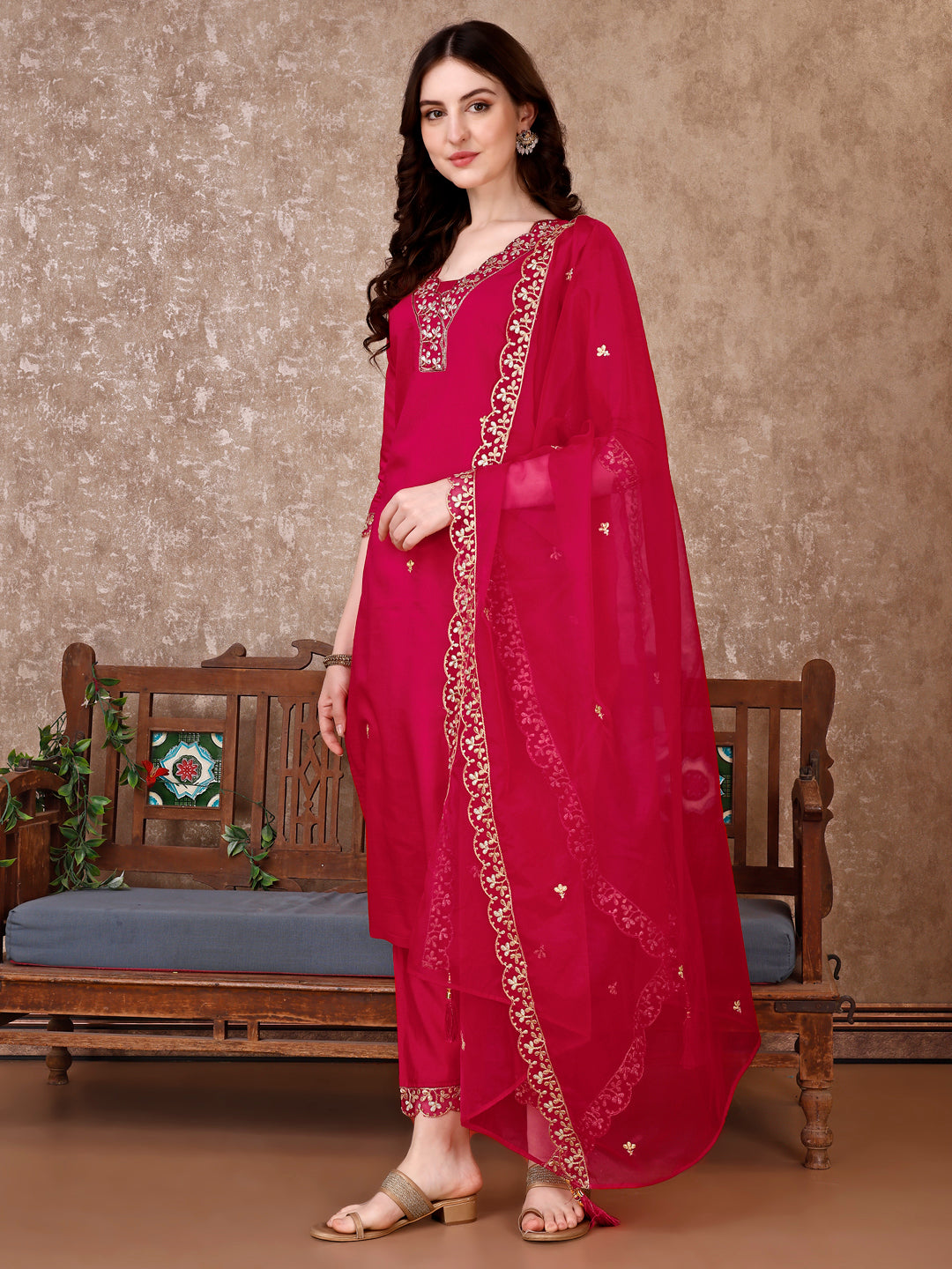 Embroidered Kurta With Pant & Embroidered Dupatta, Pink - Hiral Fashion - Distacart