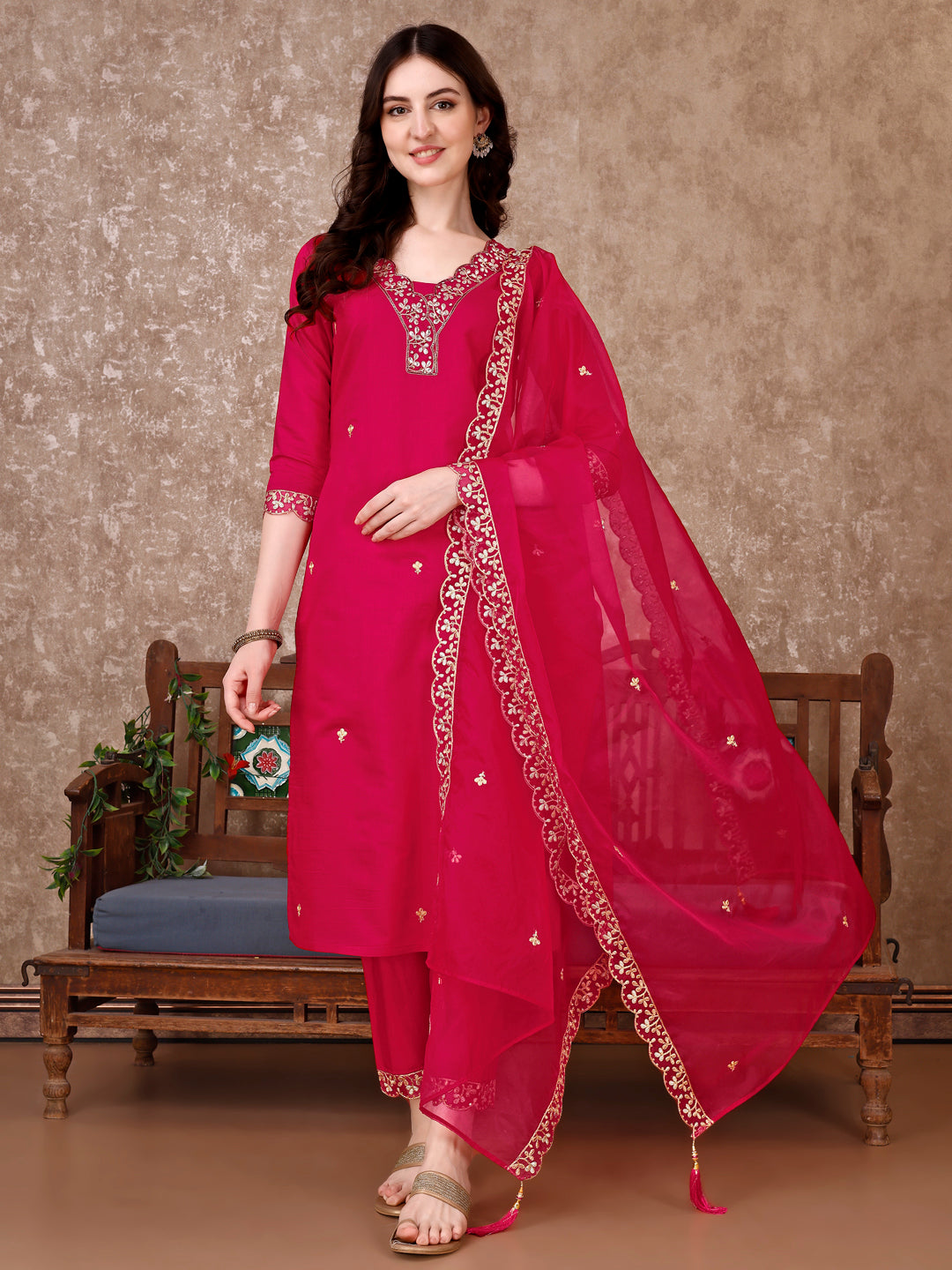 Embroidered Kurta With Pant & Embroidered Dupatta, Pink - Hiral Fashion - Distacart