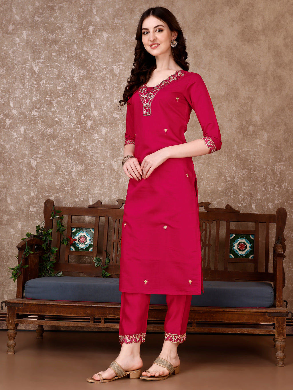 Embroidered Kurta With Pant & Embroidered Dupatta, Pink - Hiral Fashion - Distacart