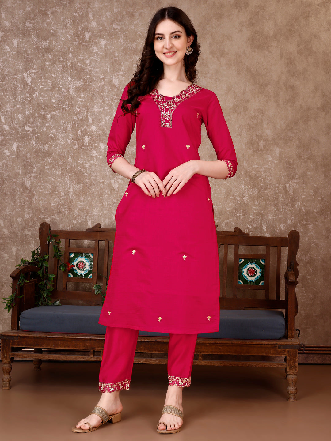 Embroidered Kurta With Pant & Embroidered Dupatta, Pink - Hiral Fashion - Distacart