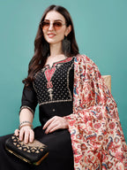 Hand Embroidered Kurta With Pant & Printed Dupatta, Multicolor - Hiral Fashion - Distacart