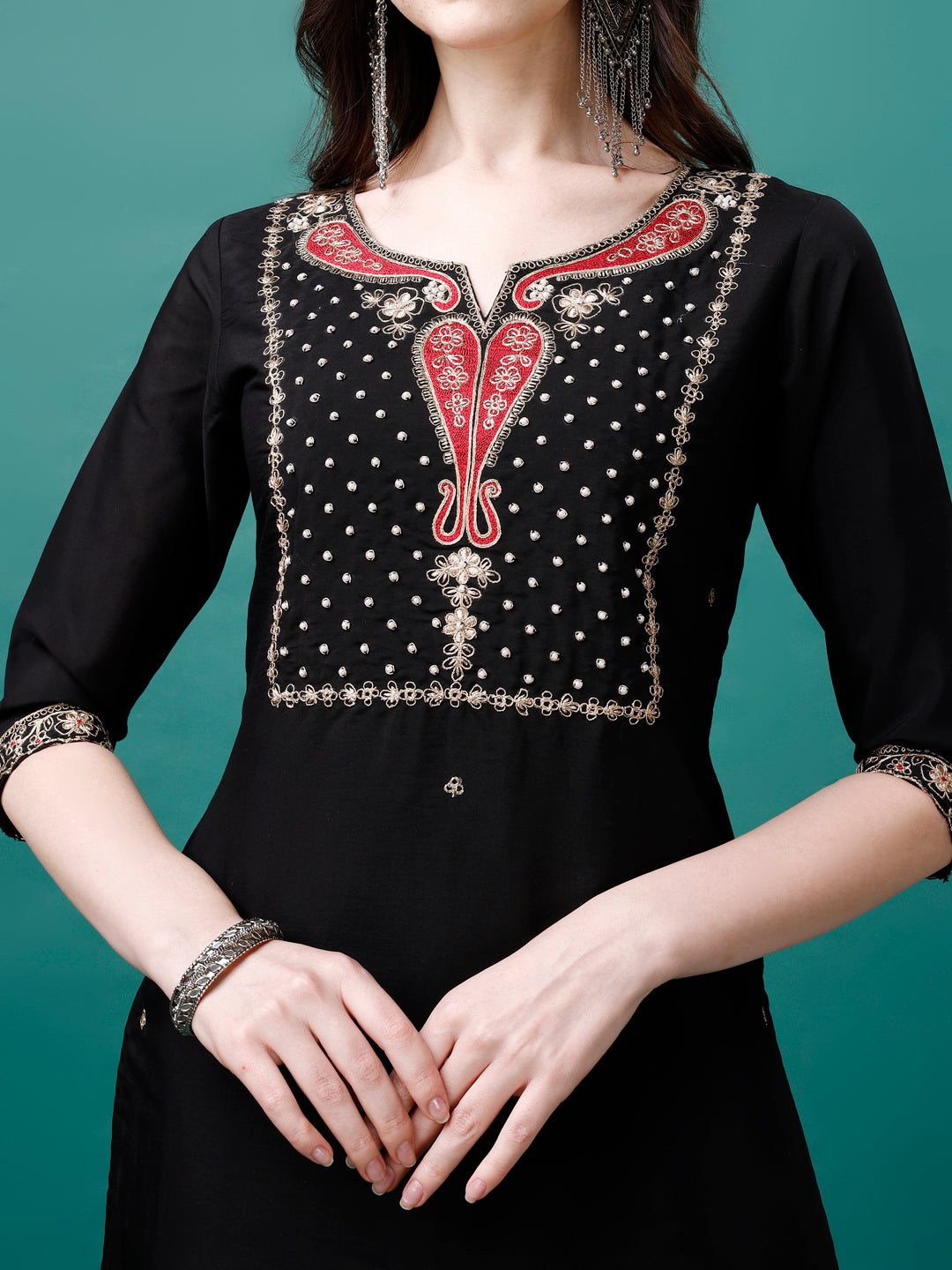 Hand Embroidered Kurta With Pant & Printed Dupatta, Multicolor - Hiral Fashion - Distacart