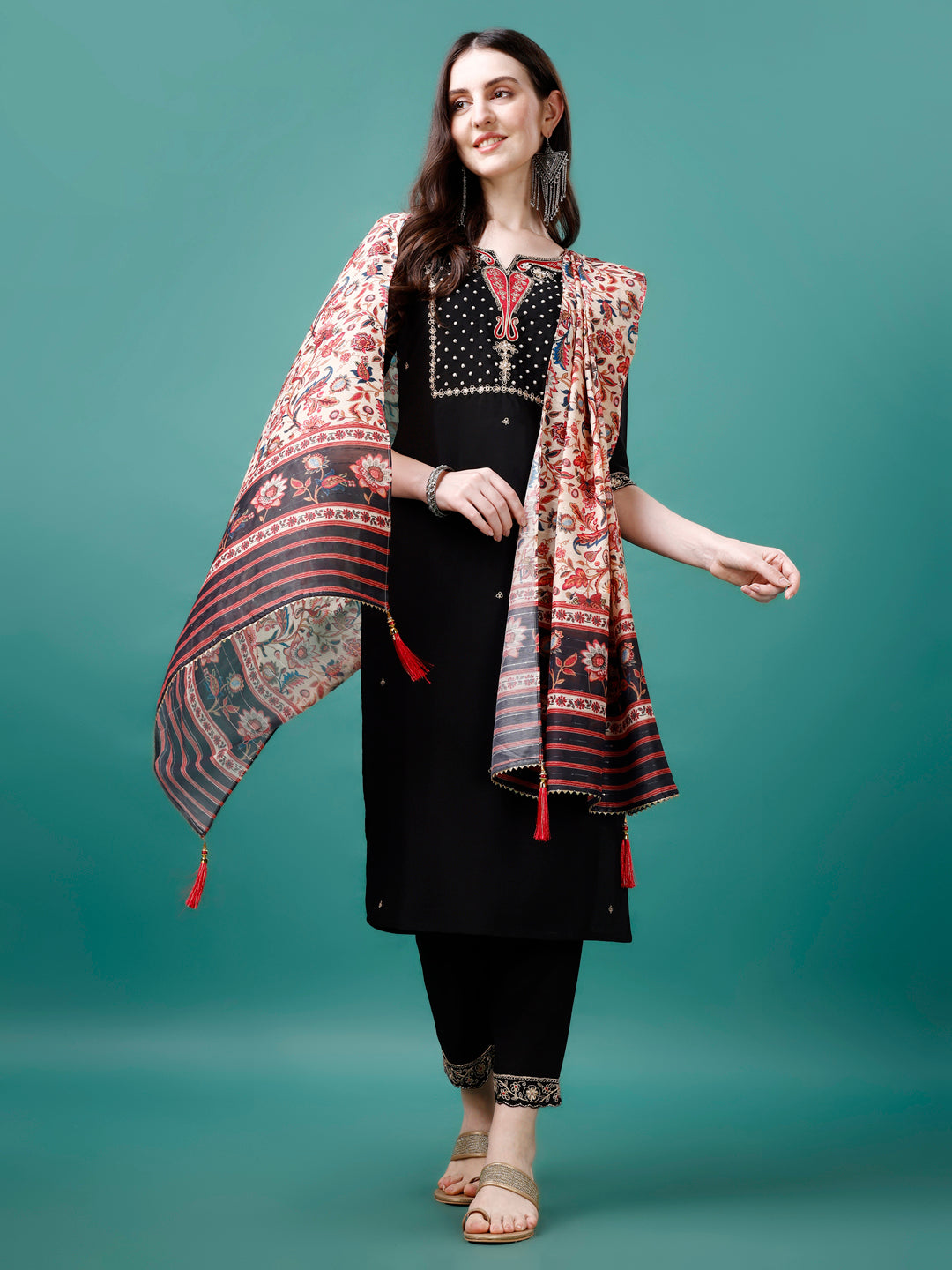 Hand Embroidered Kurta With Pant & Printed Dupatta, Multicolor - Hiral Fashion - Distacart