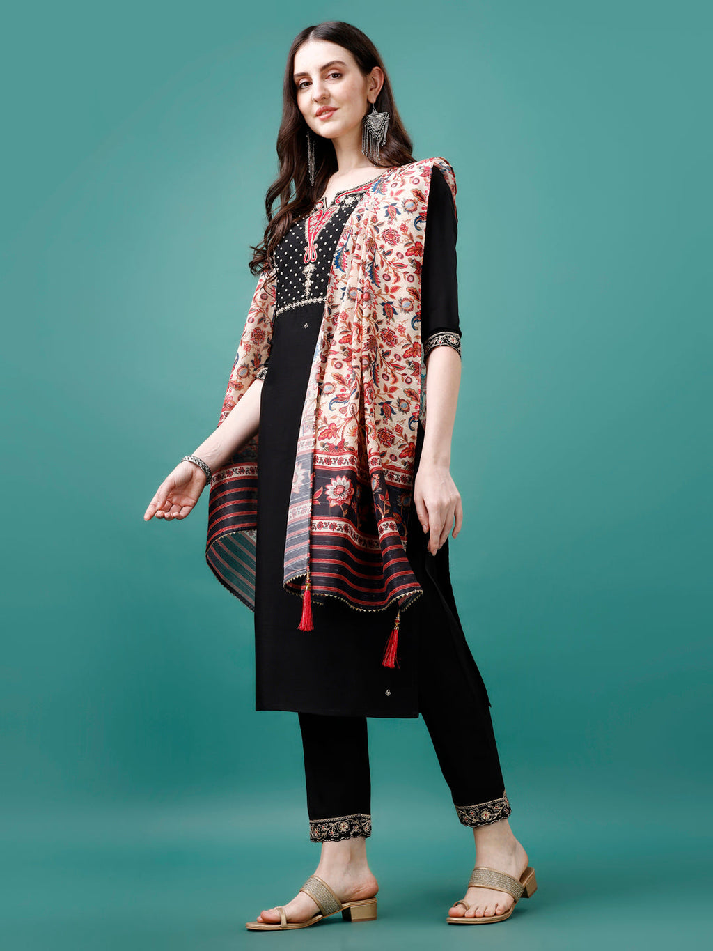 Hand Embroidered Kurta With Pant & Printed Dupatta, Multicolor - Hiral Fashion - Distacart