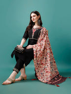 Hand Embroidered Kurta With Pant & Printed Dupatta, Multicolor - Hiral Fashion - Distacart