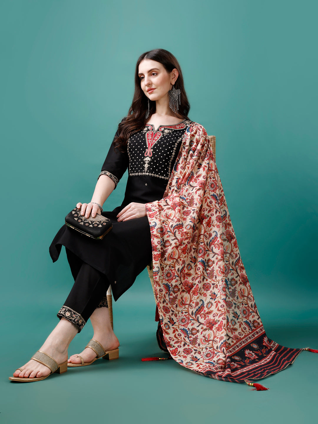 Hand Embroidered Kurta With Pant & Printed Dupatta, Multicolor - Hiral Fashion - Distacart