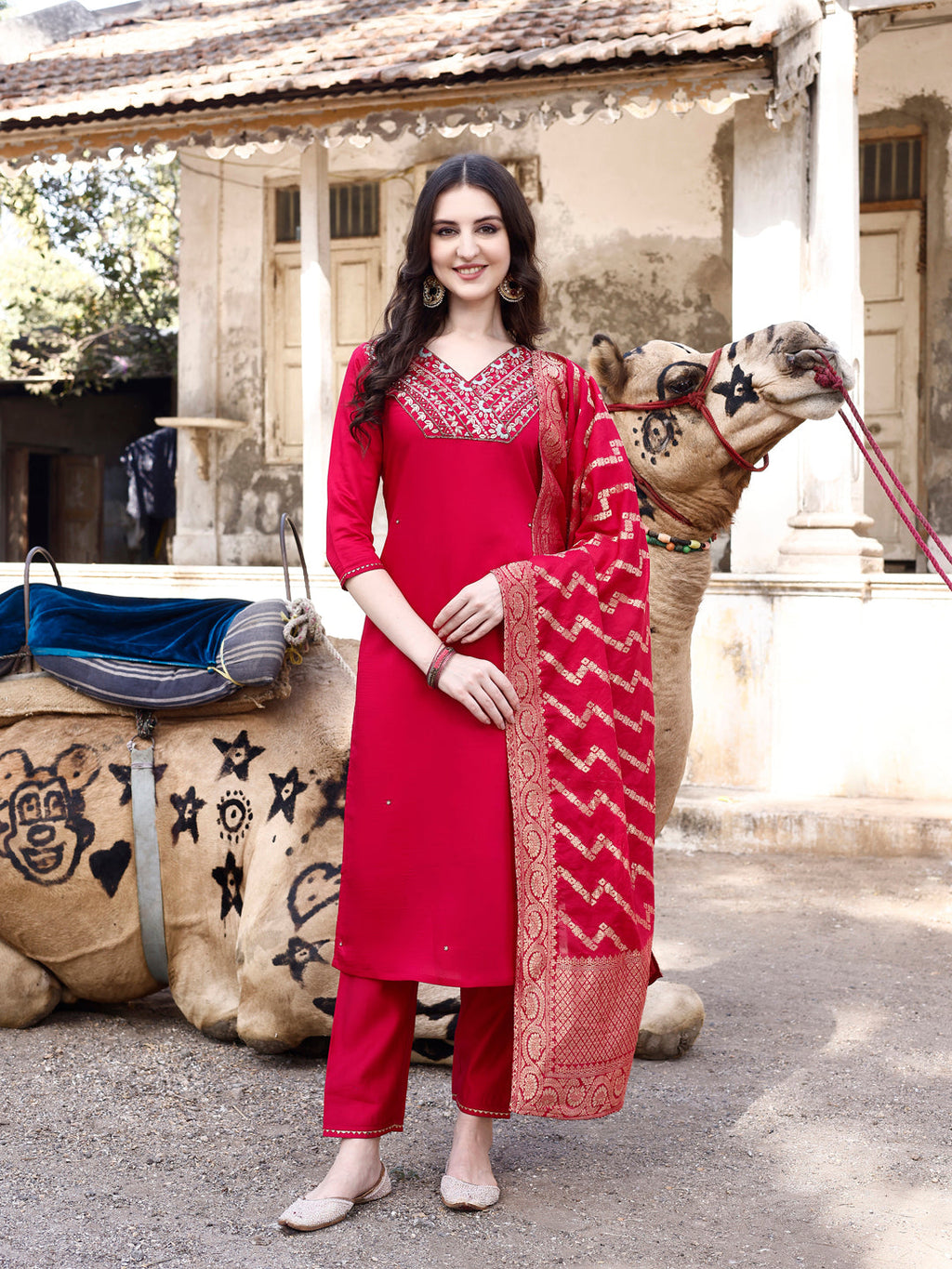Hand Embroidered Kurta With Pant & Banarasi Dupatta Luxury, Multicolor - Hiral Fashion - Distacart