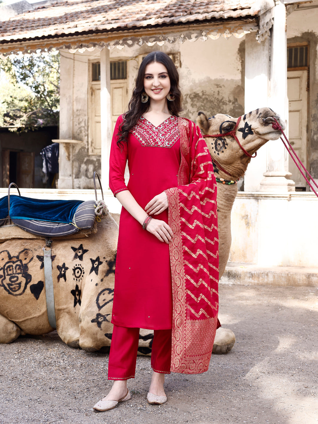 Hand Embroidered Kurta With Pant & Banarasi Dupatta Luxury, Multicolor - Hiral Fashion - Distacart