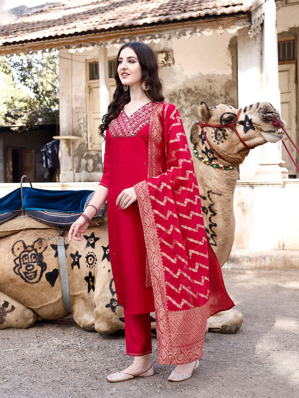 Hand Embroidered Kurta With Pant & Banarasi Dupatta Luxury, Multicolor - Hiral Fashion - Distacart