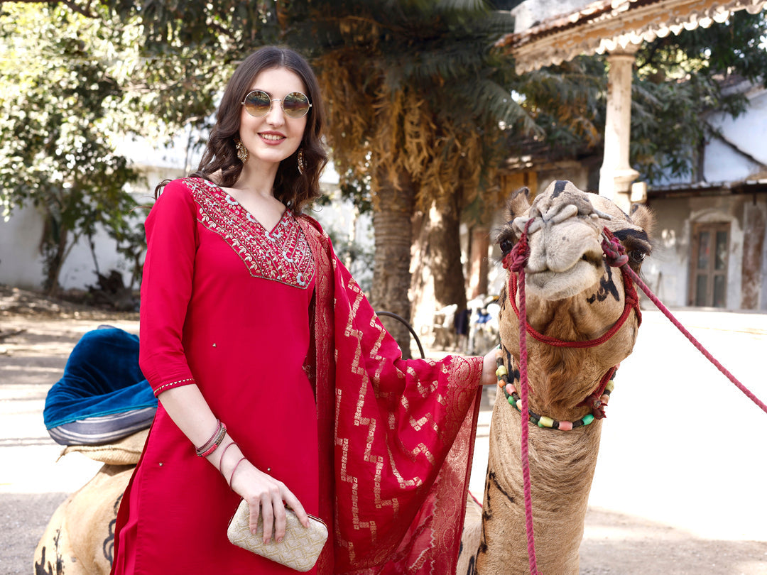 Hand Embroidered Kurta With Pant & Banarasi Dupatta Luxury, Multicolor - Hiral Fashion - Distacart