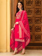 Embroidered Kurta With Pant & Chanderi Dupatta, Multicolor - Hiral Fashion - Distacart
