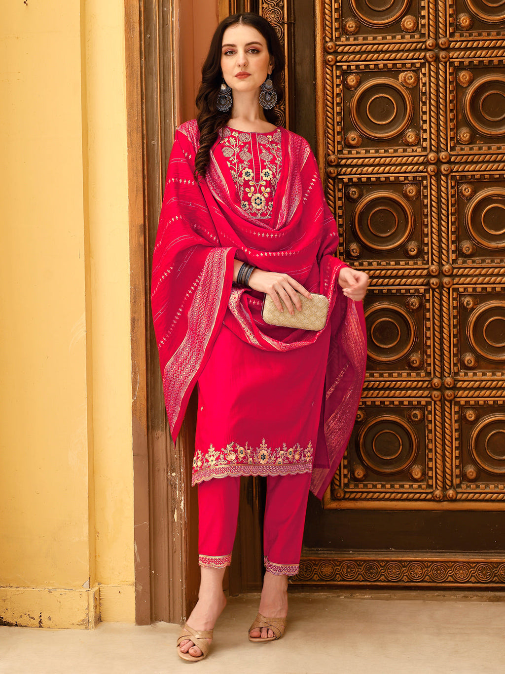 Embroidered Kurta With Pant & Chanderi Dupatta, Multicolor - Hiral Fashion - Distacart