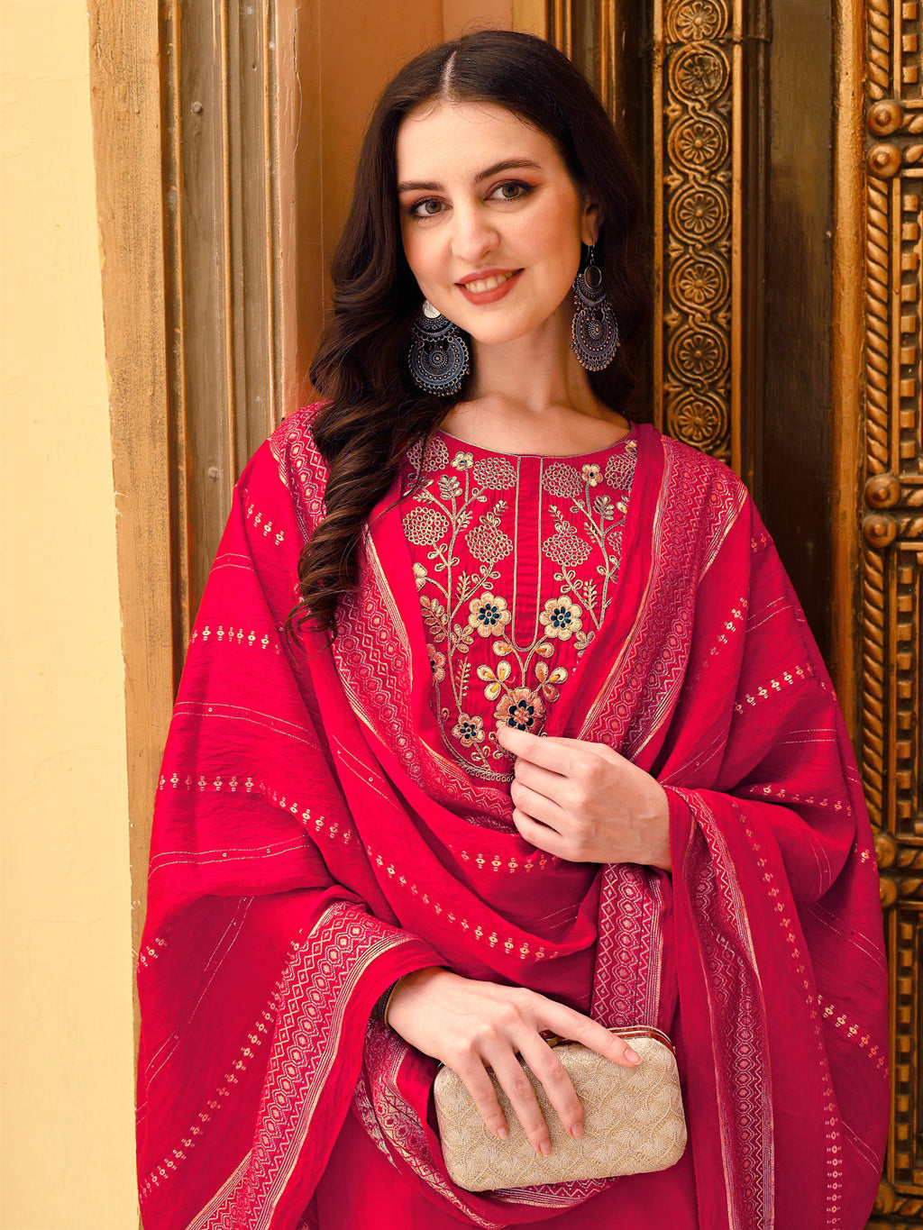 Embroidered Kurta With Pant & Chanderi Dupatta, Multicolor - Hiral Fashion - Distacart