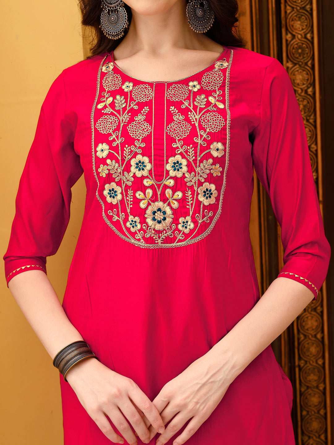 Embroidered Kurta With Pant & Chanderi Dupatta, Multicolor - Hiral Fashion - Distacart