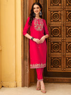 Embroidered Kurta With Pant & Chanderi Dupatta, Multicolor - Hiral Fashion - Distacart