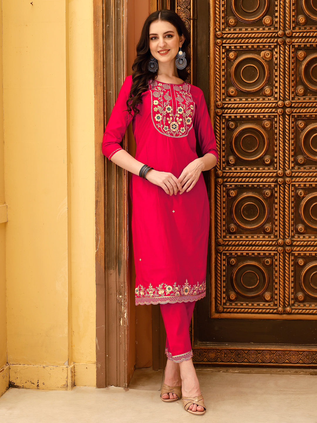 Embroidered Kurta With Pant & Chanderi Dupatta, Multicolor - Hiral Fashion - Distacart