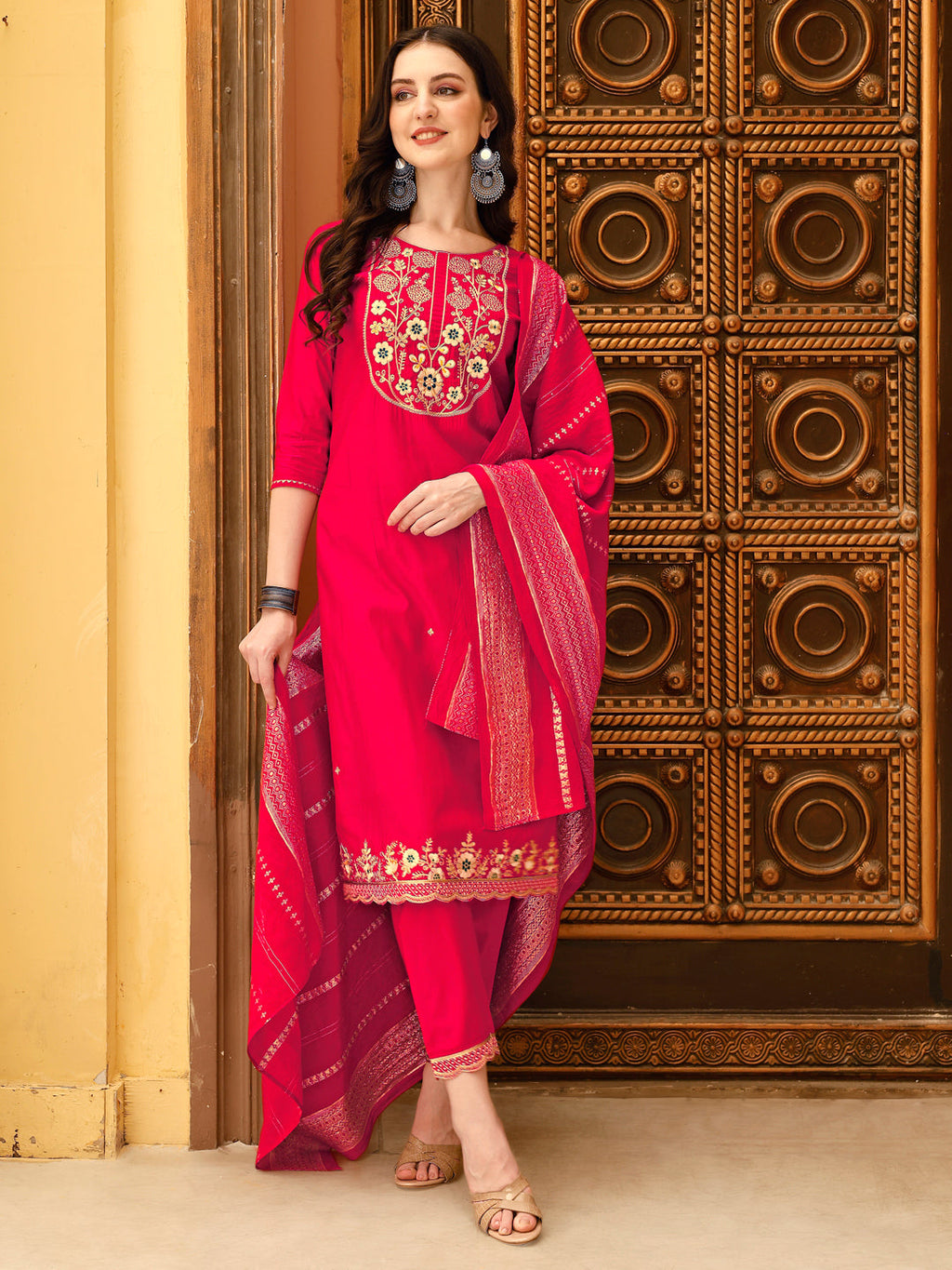 Embroidered Kurta With Pant & Chanderi Dupatta, Multicolor - Hiral Fashion - Distacart