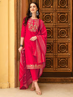 Embroidered Kurta With Pant & Chanderi Dupatta, Multicolor - Hiral Fashion - Distacart