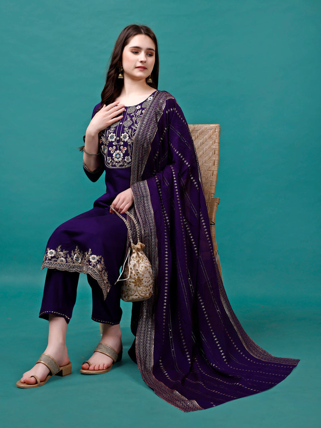 Embroidered Kurta With Pant & Sequined Dupatta, Multicolor - Hiral Fashion - Distacart